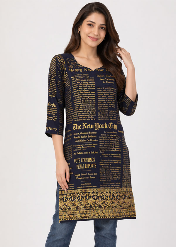 Newspaper Inspired Print Kurti in Black